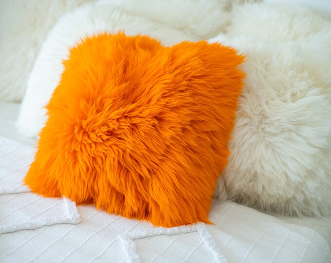 Orange Pillow Sheepskin Beautiful Natural Orange Real Sheepskin Decorative Cushion Both Side Fur Scandinavian Style