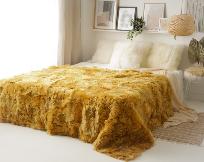 Luxurious Patchwork Toscana Sheepskin Rug Fur Throw | Real Fur Blanket | Sheepskin throw | Mustard Color Sheepskin Blanket Boho |FuFu408