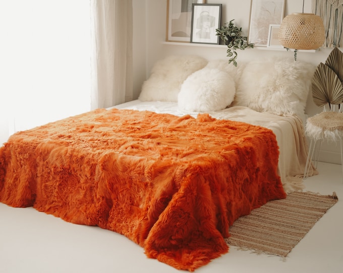 Luxurious Patchwork Toscana Sheepskin Rug Fur Throw | Real Fur Blanket | Sheepskin throw | Orange Sheepskin Blanket Boho |FuFu368
