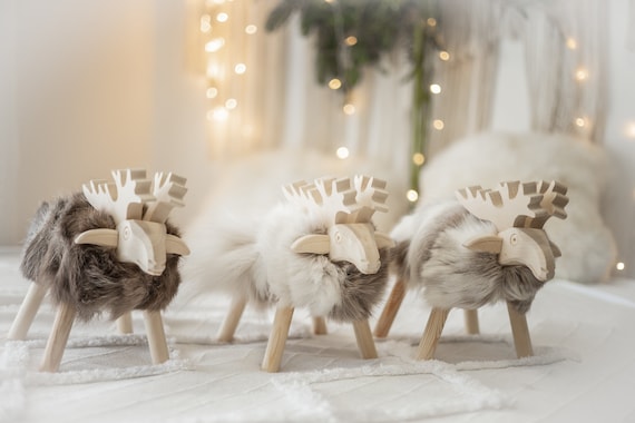 Wooden Reindeer Scandinavian Boho Christmas Decor Christmas Gift Christmas Ornaments Real Reindeer fur