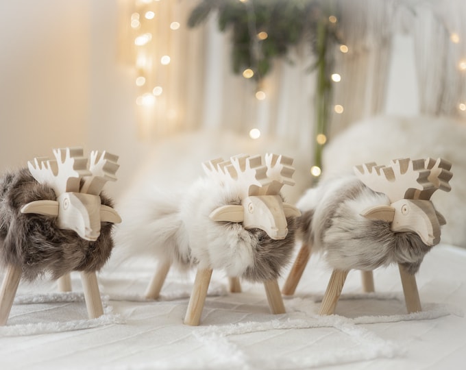 Wooden Reindeer Scandinavian Boho Christmas Decor Christmas Gift Christmas Ornaments Real Reindeer fur
