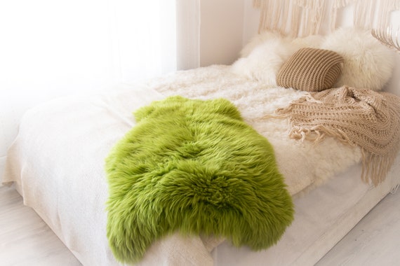 Genuine Natural Green Sheepskin Rug Sheepskin Throw Scandinavian Style | Scandinavian Rug | Green Sheepskin
