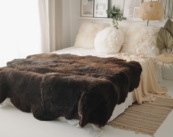 Real Fur Sheepskin Throw | Super Large | Sheepskin Rug | Boho Blanket | Merino Brown Sexto sheepskin Made Of 6 Sewn Sheepskins