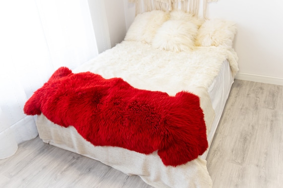 Double Red Merino Sheepskin Rug | Long rug | Shaggy Rug | Chair Cover | Area Rug | Red Rug | Carpet | Red Sheep skin Merino Red Throw