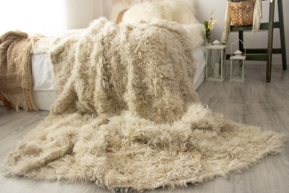 Luxurious Toscana Sheepskin Real Fur Bed Spread Throw Real Fur Blanket Sheepskin throw Sofa Cover Luxury Blanket Comforter Boho Sand #FU002