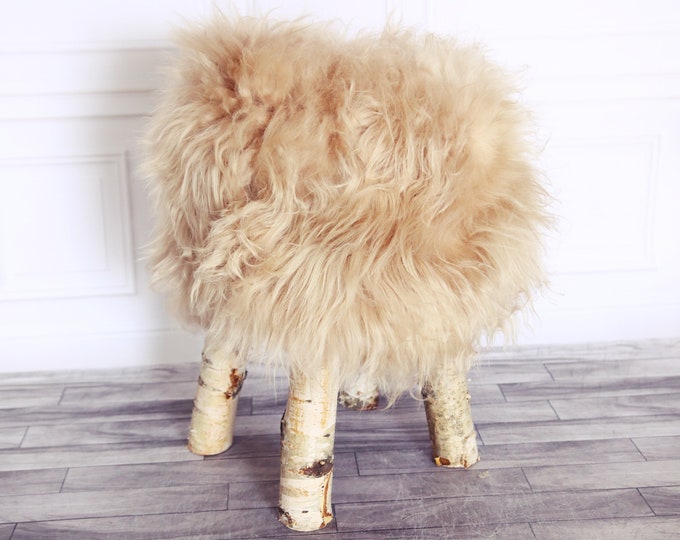 Wood Stool | Champagne Fur Stool | Sheepskin pouf | Icelandic Sheepskin stool | Vanity Stool | Birch tree stool | Champagne stool