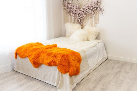 Double Orange Merino Sheepskin Rug | Long rug | Shaggy Rug | Chair Cover | Area Rug | Orange Rug | Carpet | Orange Throw | Sheep Skin