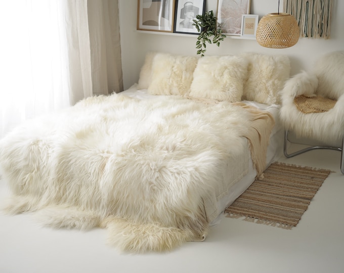 Real Fur Ivory Sheepskin Throw | Super Large | Sheepskin Rug | Boho Blanket | Icelandic Sexto sheepskin Made Of 6 Sewn Sheepskins | 24POL24