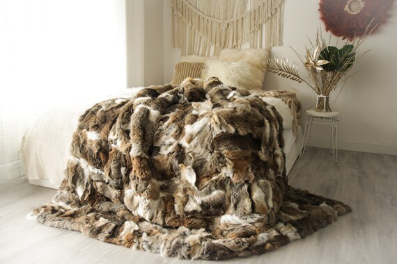 Luxurious Patchwork Rabbit Real Fur Throw | Real Fur Blanket | Sheepskin throw | Brown White Boho Throw |3FU7