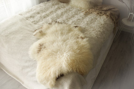 Real Sheepskin Rug Genuine Rare Gotland Sheepskin Rus - Curly Fur Rug Scandinavian Sheepvskin - Ivory Brown Sheepskin #0Margot14