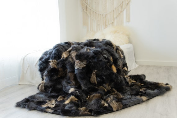 Rare Exclusive Genuine Natural Fox Rug, Pelt, soft l Real Real Fox Blanket| Exclusive Throw Graphite Beige Fox Throw Scandinavian Decor XXL