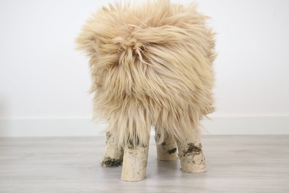 Wood Stool | Fur Stool | Sheepskin pouf |Sheepskin stool | Vanity Stool | Birch tree stool | dirty pink fur stool