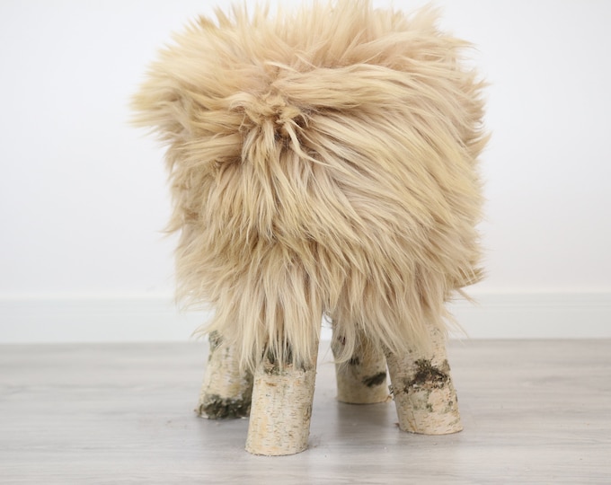 Wood Stool |  Fur Stool | Sheepskin pouf |Sheepskin stool | Vanity Stool | Birch tree stool | dirty pink fur stool