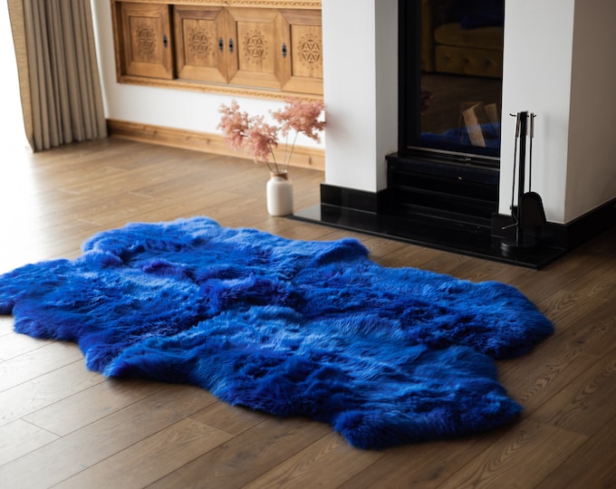 Quad Indigo Blue Merino Sheepskin Rug | Long rug | Shaggy Rug | Chair Cover | Area Rug | Blue Rug | Carpet | Indigo Throw | Sheep Skin