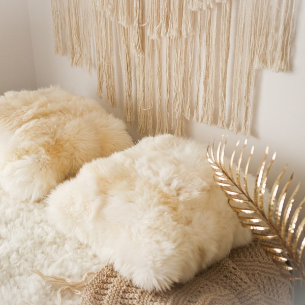 Real Creamy White Sheepskin Pillow Sheepskin Cushion 3 SIZES! M, L, XL