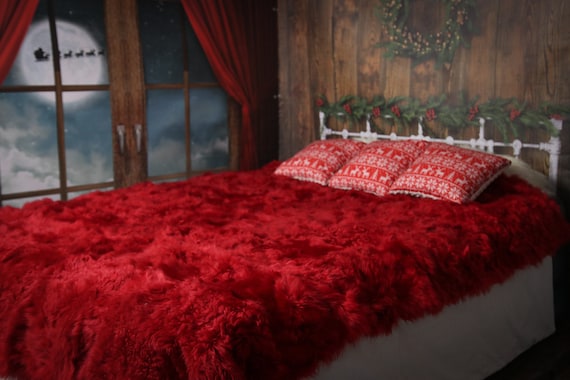 Luxurious Toscana Sheepskin Real Fur Bed Spread Throw Real Fur Blanket Sheepskin throw Sofa Cover Luxury Blanket Comforter Red Christmas