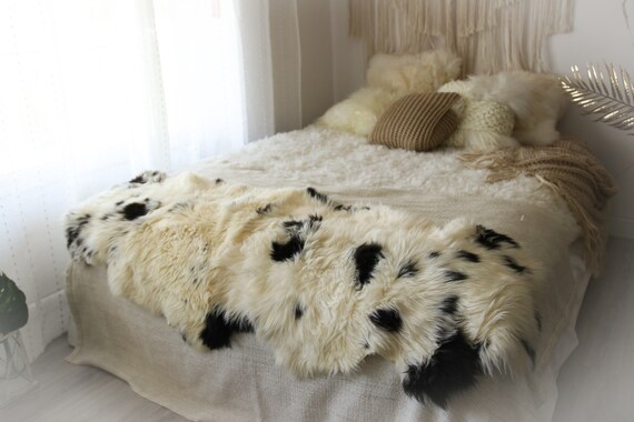 Double Sheepskin Rug | Long rug | Shaggy Rug | Chair Cover | Runner Rug | Carpet | Beige Black Sheepskin | Sheepskin Rug | LUSZY14