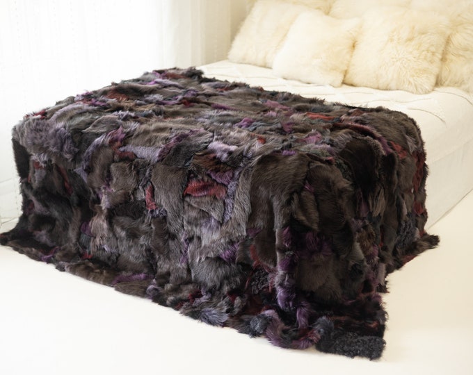 Luxurious Patchwork Toscana Sheepskin Real Fur Throw | Real Fur Blanket | Sheepskin throw | Gray Burgundy Sheepskin Blanket Boho |FuFu350