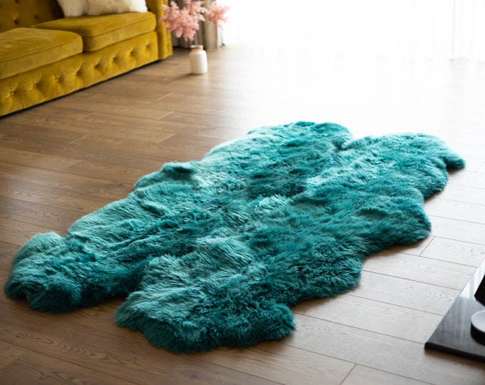 Genuine Natural Turquoise Sheepskin Rug, Pelt Giant Sheepskin Rug, Large Sheepskin Rug Sheepskin throw Sheep Skin Turquoise Rug