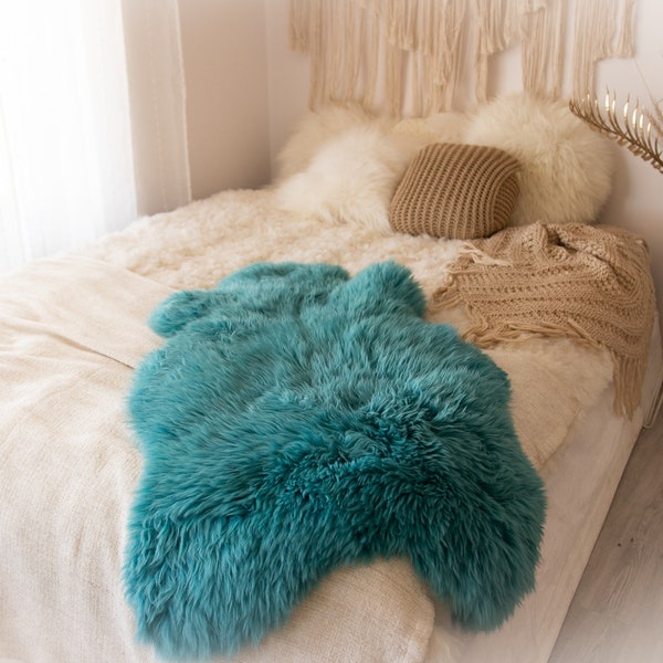 Genuine Natural Turquoise Blue Sheepskin Rug Sheepskin Throw  Scandinavian Style | Scandinavian Rug | Turquoise Blue  Sheepskin