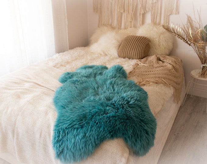 Genuine Natural Turquoise Blue Sheepskin Rug Sheepskin Throw  Scandinavian Style | Scandinavian Rug | Turquoise Blue  Sheepskin
