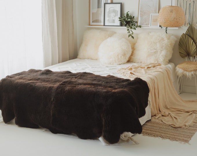 Quad Brown Merino Sheepskin Rug | Long rug | Shaggy Rug | Chair Cover | Area Rug | Brown Rug | Carpet | Brown Throw | Sheep Skin 8POL3