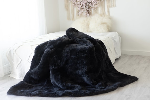 Luxurious Patchwork Merino Sheepskin Real Fur Throw | Real Fur Blanket | Sheepskin throw | Sheepskin Blanket Black #FuFu87