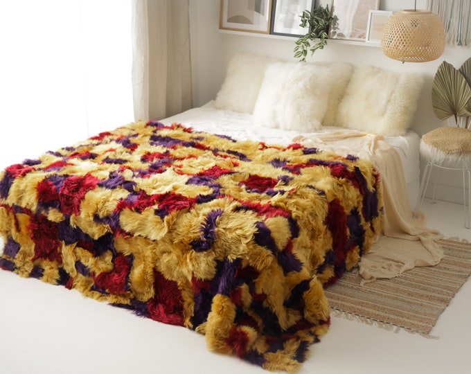 Luxurious Patchwork Toscana Sheepskin Rug Fur Throw | Real Fur Blanket | Sheepskin throw | Mustard Color Sheepskin Blanket Boho |FuFu402