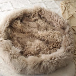 May include: A circular pet bed in a neutral beige hue. The bed features a thick, fluffy texture, with a raised edge and a soft, inviting appearance. Designed for comfort and relaxation, it's a cosy haven for pets.