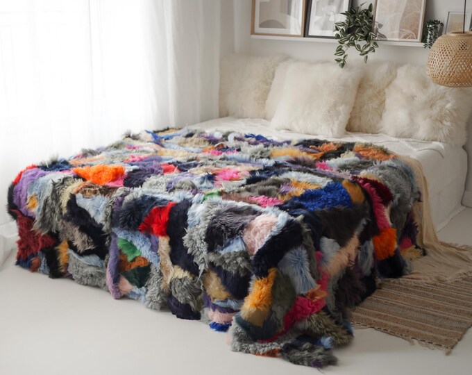 Luxurious Patchwork Toscana Sheepskin Rug Fur Throw | Real Fur Blanket | Sheepskin throw | Mix color Sheepskin Blanket Boho |KFU5