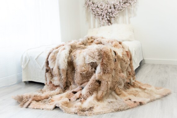Luxurious Patchwork Toscana Sheepskin Real Fur Throw | Real Fur Blanket | Sheepskin throw | Sheepskin Blanket Boho Throw Beige #FuFu88