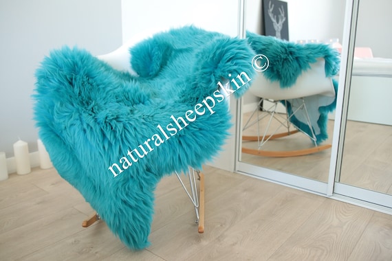 Genuine Natural Turquoise Blue Sheepskin Rug Sheepskin Throw Scandinavian Style | Scandinavian Rug | Turquoise Blue Sheepskin
