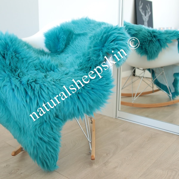 Genuine Natural Turquoise Blue Sheepskin Rug Sheepskin Throw  Scandinavian Style | Scandinavian Rug | Turquoise Blue  Sheepskin