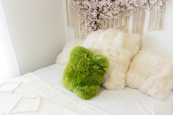 Green ON SALE Beautiful Natural Green Real Sheepskin Decorative Cushion Both Side Fur Scandinavian Style