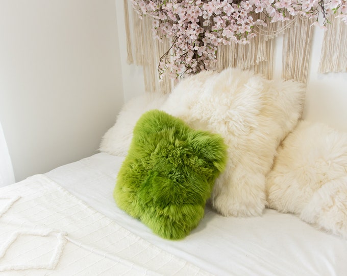 Green ON SALE Beautiful Natural Green Real Sheepskin Decorative Cushion Both Side Fur Scandinavian Style