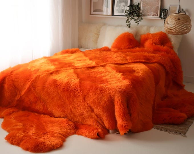 Real Fur Sheepskin Throw | Super Large | Sheepskin Rug | Boho Blanket | Dyed Orange Rug