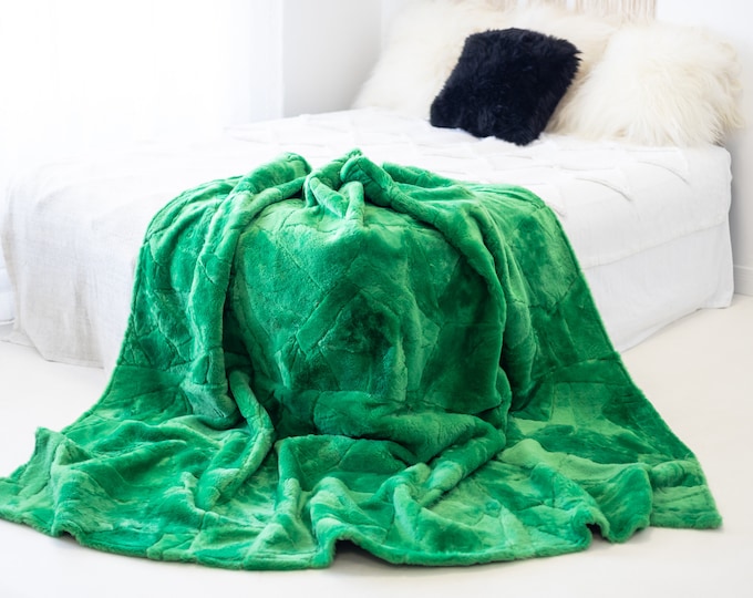 Luxurious Patchwork Toscana Sheepskin Real Fur Throw | Real Fur Blanket | Sheepskin throw | Green Sheepskin Blanket Boho |FuFu308