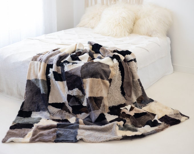 Luxurious Patchwork Toscana Sheepskin Real Fur Throw | Real Fur Blanket | Sheepskin throw | Sheepskin Blanket Boho |FuFu304