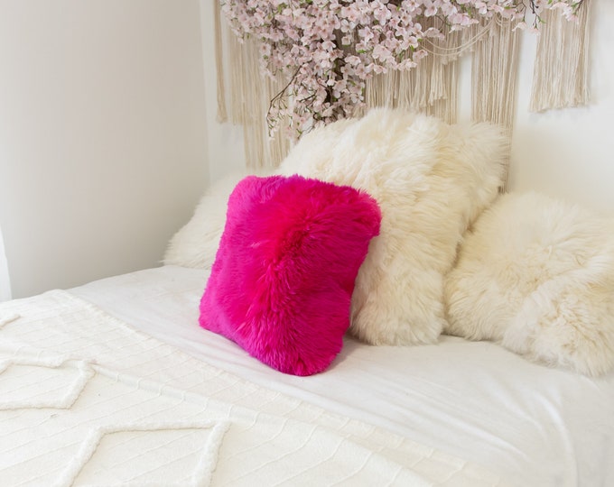 Pink Sheepskin Pillow ON SALE Beautiful Natural Pink Amarant Real Sheepskin Decorative Cushion Both Side Fur Scandinavian Style