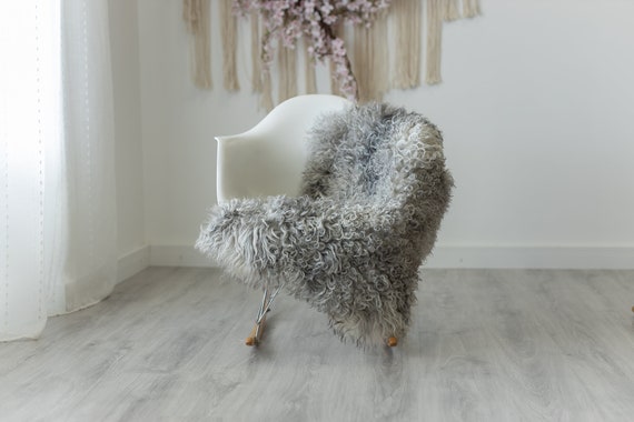 Real Sheepskin Rug Genuine Rare Gotland Sheepskin Rugs - Curly Fur Rug Scandinavian Sheep Skin - Gray White Sheepskin #G11