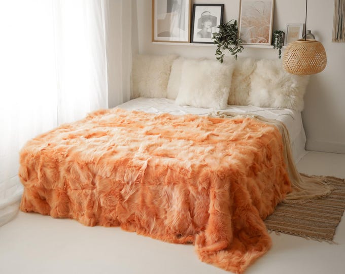 Luxurious Patchwork Toscana Sheepskin Rug Fur Throw | Real Fur Blanket | Sheepskin throw | Peach color Sheepskin Blanket Boho |KFU1