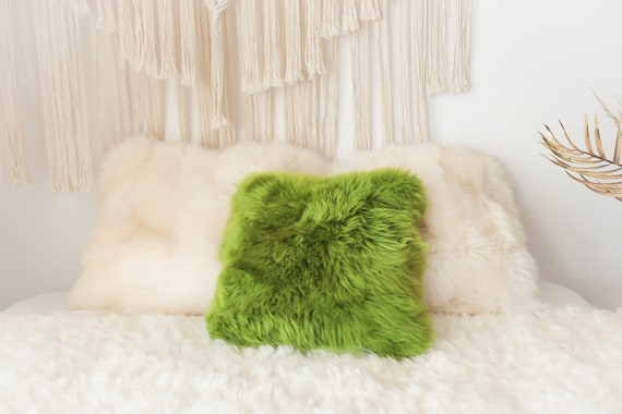 Green ON SALE Beautiful Natural Creamy White Real Sheepskin Decorative Cushion Both Side Fur Scandinavian Style