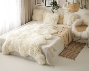 Bear Shape Real Fur Sheepskin Throw | Super Large | Sheepskin Rug | Boho Blanket | Merino Creamy White Sheepskin Rug