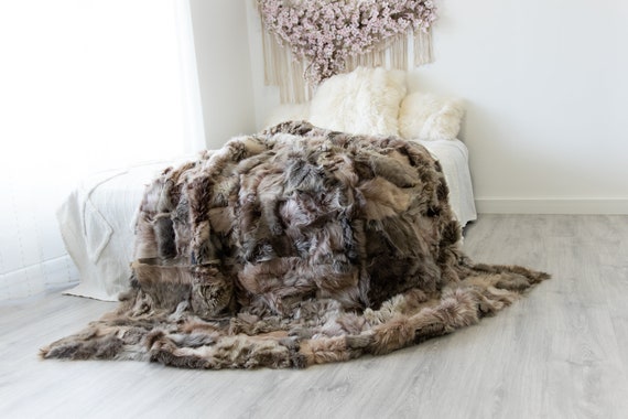 Luxurious Patchwork Toscana Sheepskin Real Fur Throw | Real Fur Blanket | Sheepskin throw | Sheepskin Blanket Boho Throw Brown Gray #FuFu80