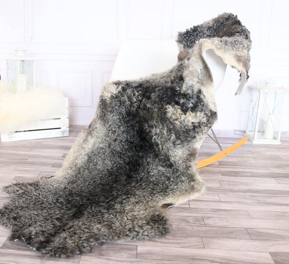 Double Gray Gotland Sheepskin Rug | Long rug | Shaggy Rug | Chair Cover | Runner Rug | Gray Rug | Curly sheepskin rug
