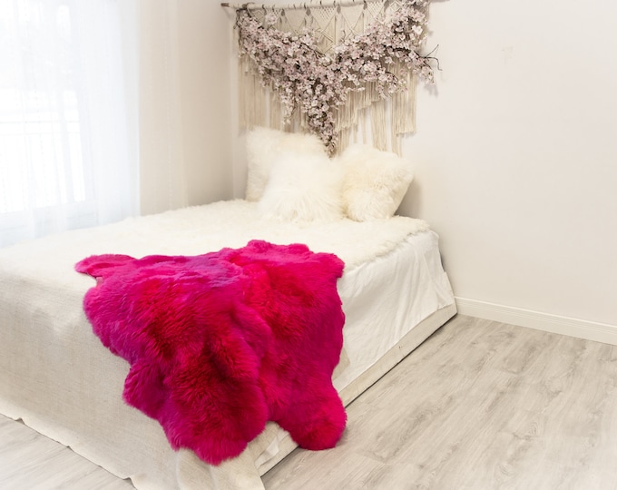 Double Pink Merino Sheepskin Rug | Long rug | Shaggy Rug | Chair Cover | Area Rug | Pink Rug | Carpet | Pink Sheep skin Merino Pink Throw