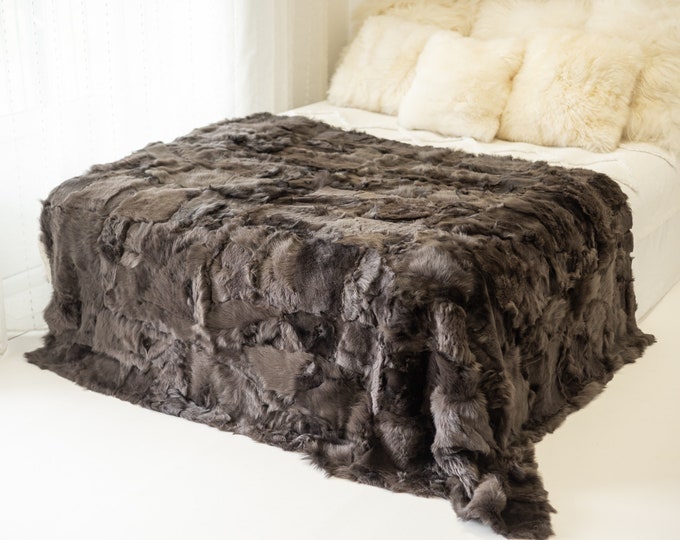 Luxurious Patchwork Toscana Sheepskin Real Fur Throw | Real Fur Blanket | Sheepskin throw | Gray Brown Sheepskin Blanket Boho |FuFu351
