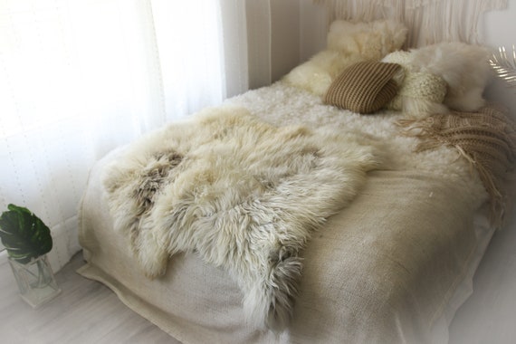 Double Sheepskin Rug | Long rug | Shaggy Rug | Chair Cover | Runner Rug | Carpet | Beige Gray Sheepskin | Sheepskin Rug | LUSZY12