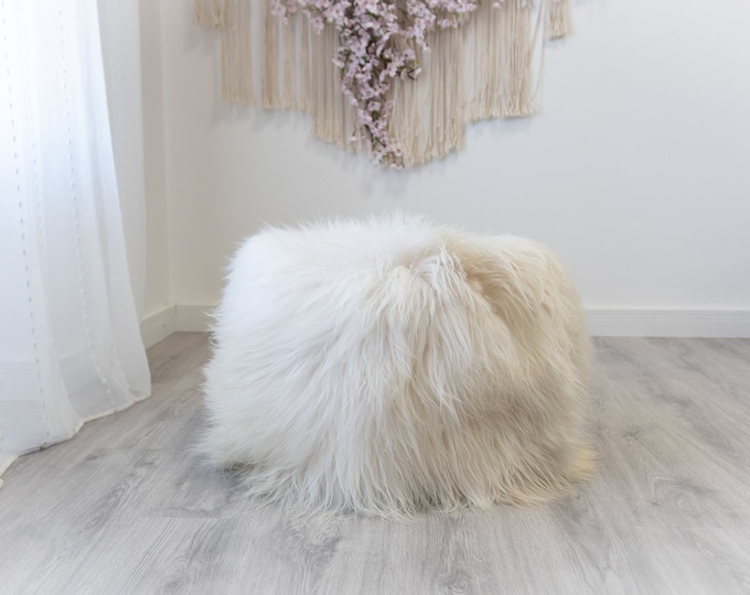 Icelandic Ivory Beige Sheepskin Pouf, Furry Pouf, Real Fur Sheepskin Ottoman Sheepskin Rug Scandinavian Decor Sofa Sheepskin Chair Cover