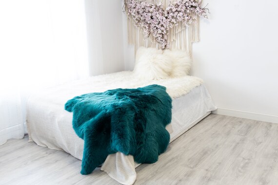 Double Turquoise Blue Merino Sheepskin Rug | Long rug | Shaggy Rug | Chair Cover | Area Rug | Turquoise Rug | Carpet | Turquoise Blue Throw